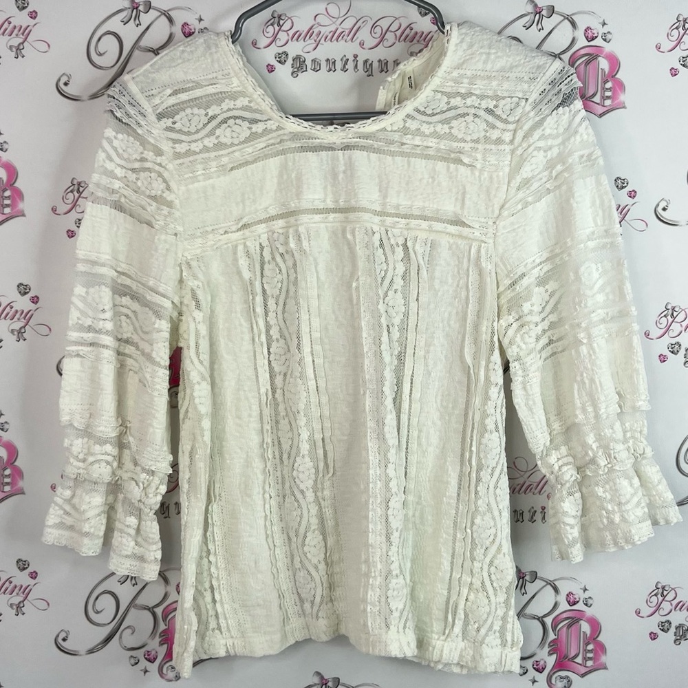 Anthropologie top long sleeves Lacie white boho keyhole Cream Lace Blouse